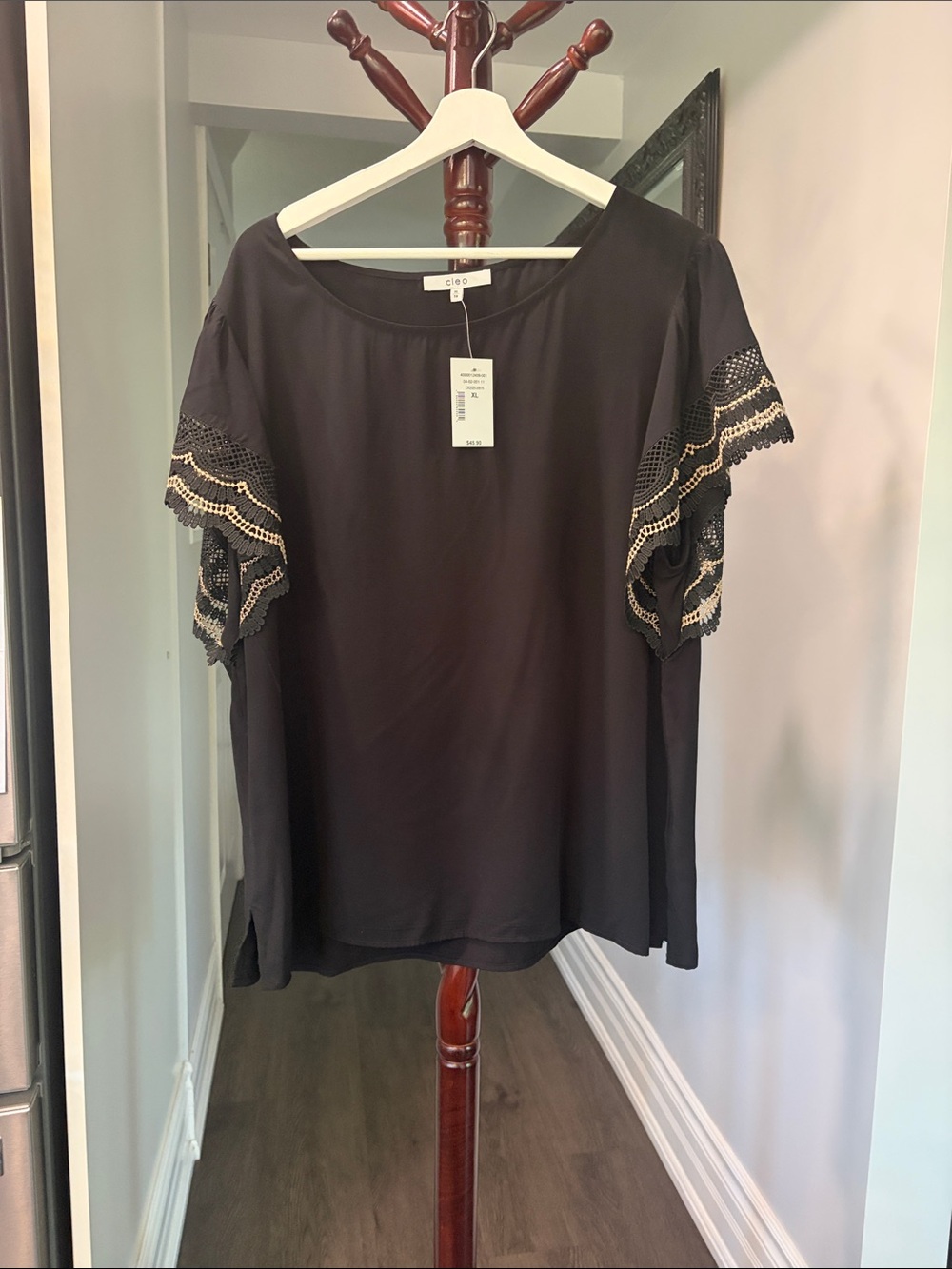 Black Short Sleeve Top with Lace-Trim Sleeves
